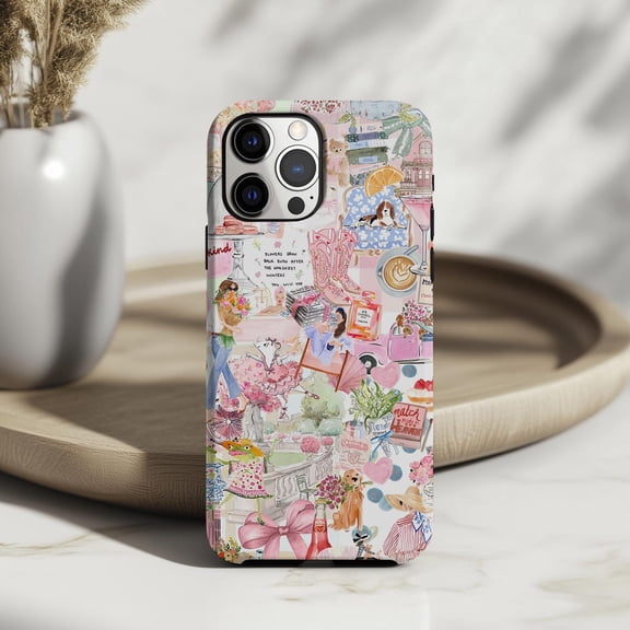 Protective iPhone Case Pink Floral Animal Collage Phone Case Cute Girly Pattern Aesthetic Design IP13/14 Magnetic MagSafe Compatible
