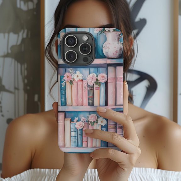 Protective iPhone Case Pink Floral Bookshelf Phone Case Light Academia Pastel Art IP13/14 Magnetic MagSafe Compatible