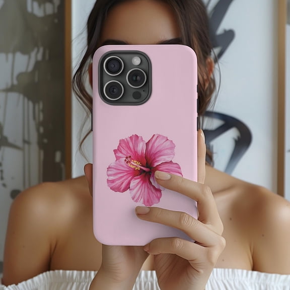 Protective iPhone Case Pink Hibiscus Flower Phone Case Tropical Aesthetic Design IP15 Magnetic MagSafe Compatible