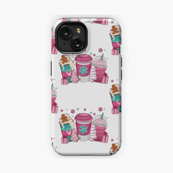 Protective iPhone Case Pink Latte Cup Coffee Cupcake Festive Phone Case Girly Cafe Cozy Warm Beverage Dessert Cover IP13/14 Magnetic MagSafe Compatible