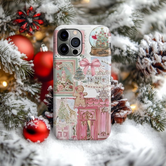 Protective iPhone Case Pink Pastel Phone Case Gingerbread Snow Globe Wreath IP15 Magnetic MagSafe Compatible