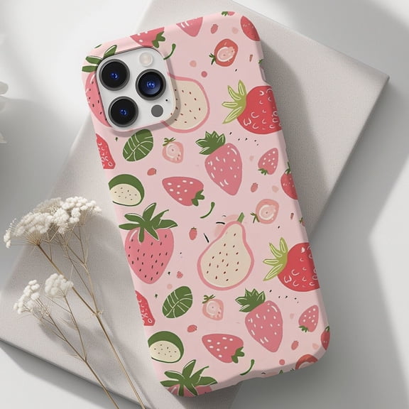 Protective iPhone Case Pink Strawberry Collage Phone Case Fruity Summer Berry Print IP13/14 Magnetic MagSafe Compatible