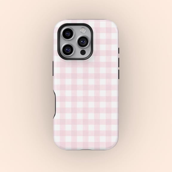 Protective iPhone Case Pink Stripe Plaid Retro Checkered Flannel Country Fabric Cover IP15 Magnetic MagSafe Compatible