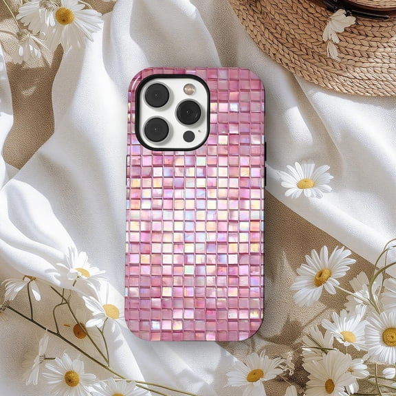 Protective iPhone Case Pink Toned Glass Mosaic Tiles Phone Case Retro Iridescent Tile Design IP16 Magnetic MagSafe Compatible
