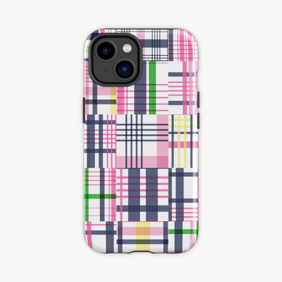 Protective iPhone Case Preppy Blush Patchwork Madras Phone Case IP15 Magnetic MagSafe Compatible