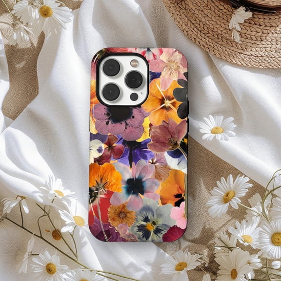 Protective iPhone Case Pressed Flower Phone Case Colorful Botanical Collage Floral Aesthetic Cover Version 2 IP13/14 Magnetic MagSafe Compatible