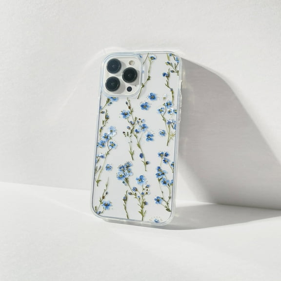Protective iPhone Case Pressed Flower Phone Case with Clear Blue Floral Print IP13/14 Magnetic MagSafe Compatible