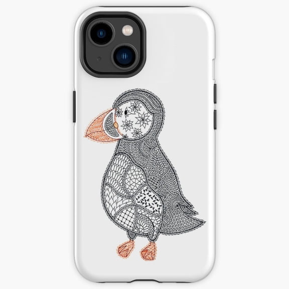 Protective iPhone Case Puffin Doodle In Fine Liner Coastal Bird Wildlife Outline Heavy Duty Shockproof Hard Shell IP13/14 Magnetic MagSafe Compatible