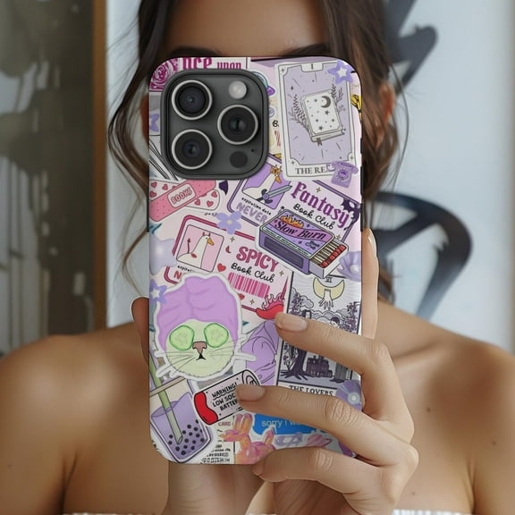 Protective iPhone Case Purple Book Club Collage Phone Case with Reading Style Layout IP15 Magnetic MagSafe Compatible