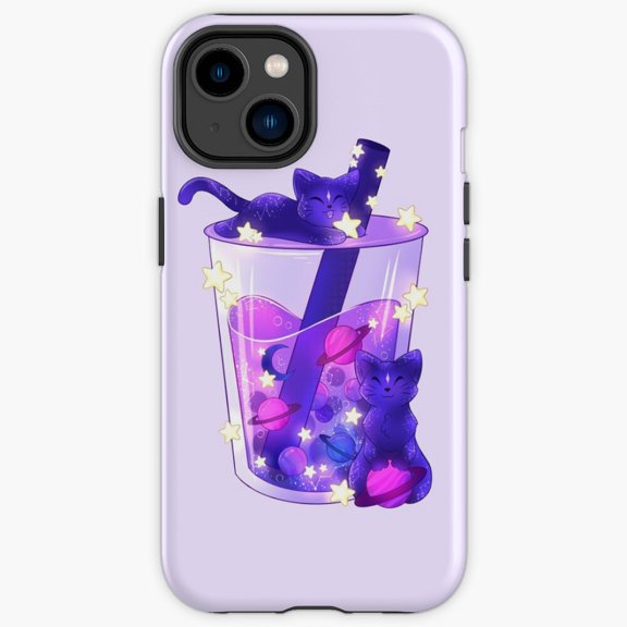 Protective iPhone Case Purple Cats Boba Tea Cute Kawaii Bubble Milk Beverage Pattern Shield IP15 Magnetic MagSafe Compatible