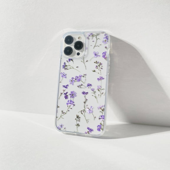 Protective iPhone Case Purple Pressed Flower Phone Case Clear Floral Print IP13/14 Magnetic MagSafe Compatible
