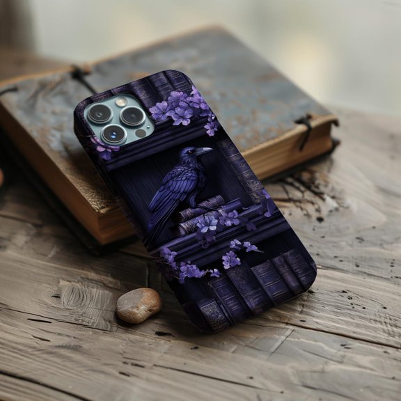 Protective iPhone Case Purple Raven Book Phone Case Gothic Library Design IP13/14 Magnetic MagSafe Compatible