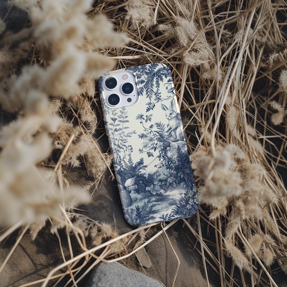 Protective iPhone Case Rabbit Toile De Jouy Forest Plant Blue Art Design Traditional Pastoral Cover IP15 Magnetic MagSafe Compatible