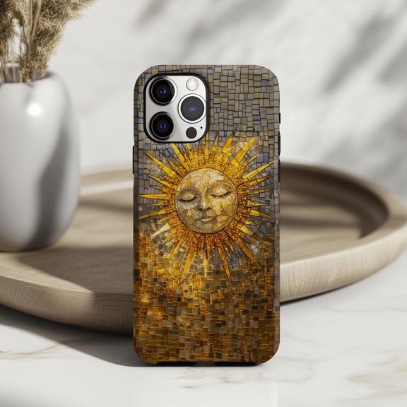 Protective iPhone Case Radiant Sun Mosaic Phone Case Celestial Gold Tile IP15 Pro Magnetic MagSafe Compatible