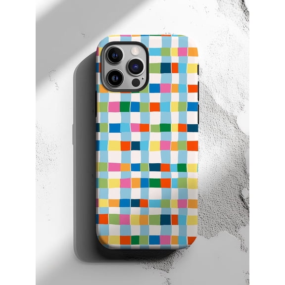 Protective iPhone Case Rainbow Checkered Phone Case Colorful Squares Design IP15 Magnetic MagSafe Compatible