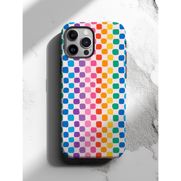 Protective iPhone Case Rainbow Checkered Phone Case Retro Squares Design Version IP15 Magnetic MagSafe Compatible