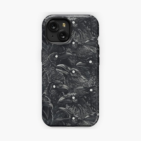 Protective iPhone Case Raven Pattern Phone Case Dark Bird Illustration IP15 Magnetic MagSafe Compatible