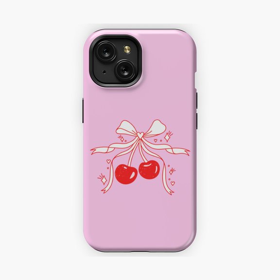 Protective iPhone Case Red Cherries Sparkles Bow Phone Case Fun Playful Style IP15 Magnetic MagSafe Compatible