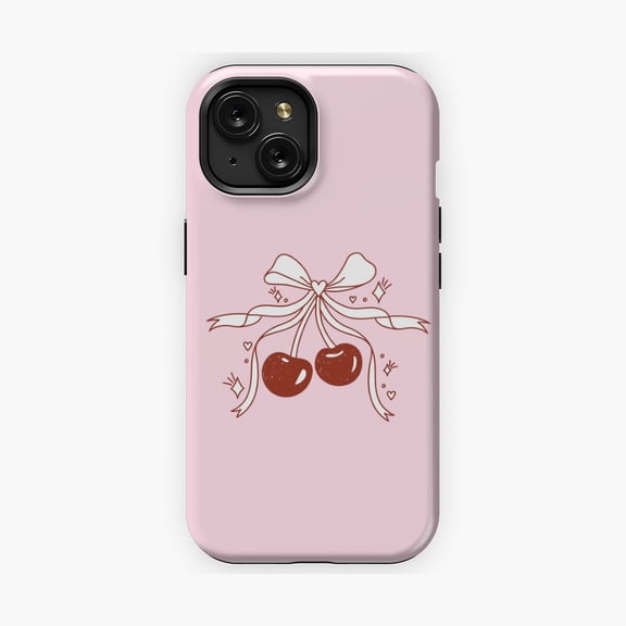 Protective iPhone Case Red Cherries with Sparkle Bow Phone Case Cute Sweet Design IP15 Magnetic MagSafe Compatible