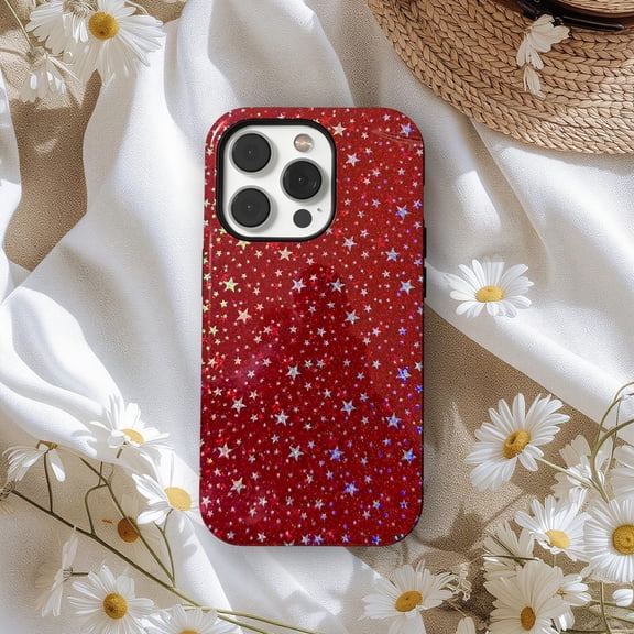 Protective iPhone Case Red Glitter Star Phone Case Sparkly Holographic Stars Festive IP16 Magnetic MagSafe Compatible