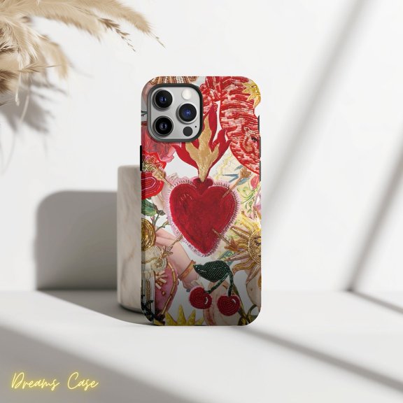 Protective iPhone Case Red Heart Mosaic Collage Phone Case Artistic Mosaic Tile Design IP16 Pro Magnetic MagSafe Compatible