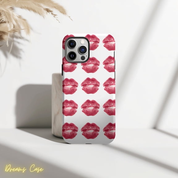 Protective iPhone Case Red Lips Phone Case Kiss Print Cute Aesthetic IP13/14 Magnetic MagSafe Compatible