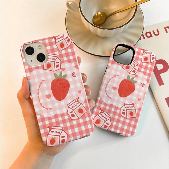 Protective iPhone Case Red Plaid Strawberry Phone Case Fun Bold Look IP15 Magnetic MagSafe Compatible