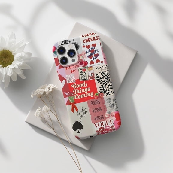 Protective iPhone Case Red Positive Affirmation Collage Cell Phone Case Coquette Scrapbook Cute Cover IP13/14 Magnetic MagSafe Compatible