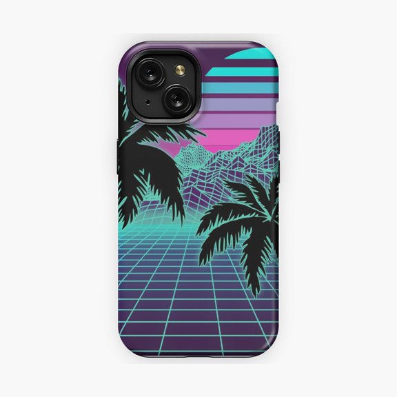 Protective iPhone Case Retro 80S Vaporwave Sunset With Outrun Grid Phone Case Synthwave Cyberpunk Horizon Neon Shield IP15 Magnetic MagSafe Compatible