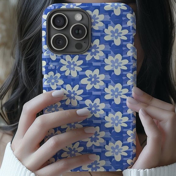 Protective iPhone Case Retro Blue Floral Print Phone Case Trendy Spring Summer Flower Pattern IP16 Magnetic MagSafe Compatible
