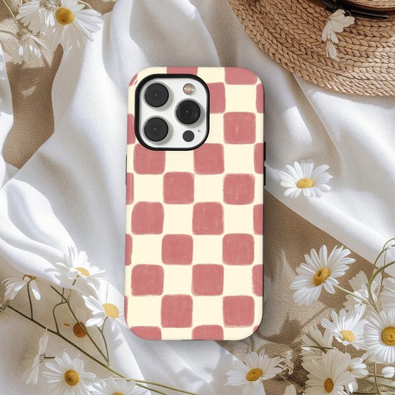 Protective iPhone Case Retro Checkerboard Phone Case Hand Painted Red Check Minimalist Aesthetic IP16 Magnetic MagSafe Compatible
