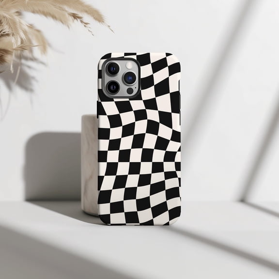 Protective iPhone Case Retro Checkered Black Offwhite Pattern Asymmetric Grid Board Cover IP15 Magnetic MagSafe Compatible