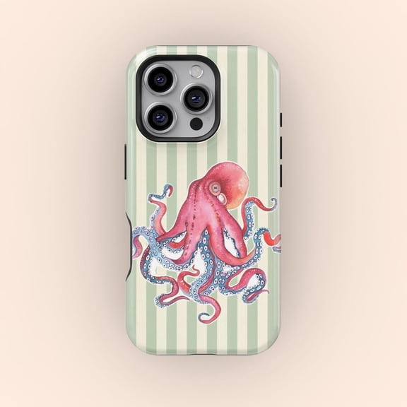 Protective iPhone Case Retro Octopus Striped Summer Sea Cephalopod Grid Cover IP13/14 Magnetic MagSafe Compatible