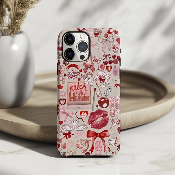 Protective iPhone Case Retro Red Collage Phone Case Romantic Heart Lips Cherry Bow IP16 Magnetic MagSafe Compatible