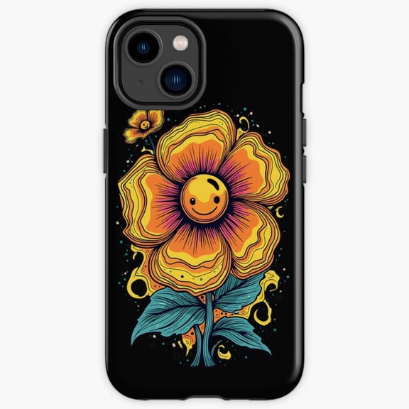 Protective iPhone Case Retro Smiley Flower Trendy Groovy Happy Face Daisy Heavy Duty Shockproof Hard Shell IP15 Magnetic MagSafe Compatible
