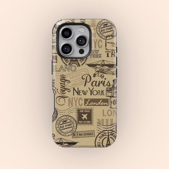 Protective iPhone Case Retro Travel Sticker Stamp Airport Luggage Label Passport Case IP13/14 Magnetic MagSafe Compatible