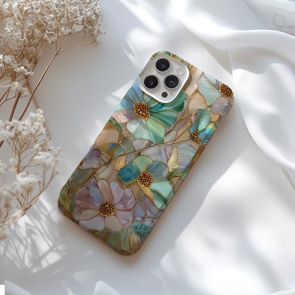 Protective iPhone Case Romantic Floral Aesthetic Stained Glass Graphic Wildflower Cover IP15 Magnetic MagSafe Compatible
