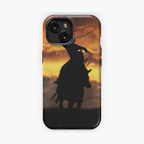 Protective iPhone Case Roping Cowboy Rustic Western Action Phone Case Rodeo Lasso Competition Cover IP16 Magnetic MagSafe Compatible