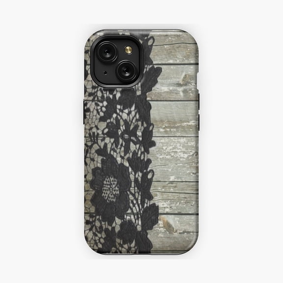 Protective iPhone Case Rustic Chic Modern Gray Barn Wood with Black Lace Phone Case IP13/14 Magnetic MagSafe Compatible