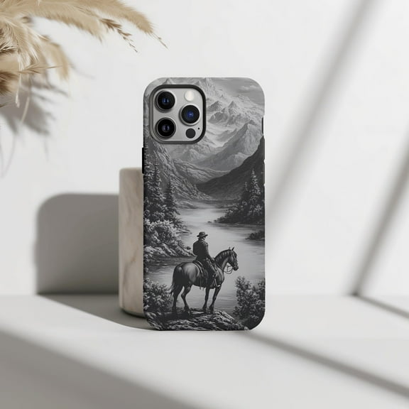 Protective iPhone Case Rustic Cowboy Phone Case Western Country Mountain Scene Art IP15 Magnetic MagSafe Compatible