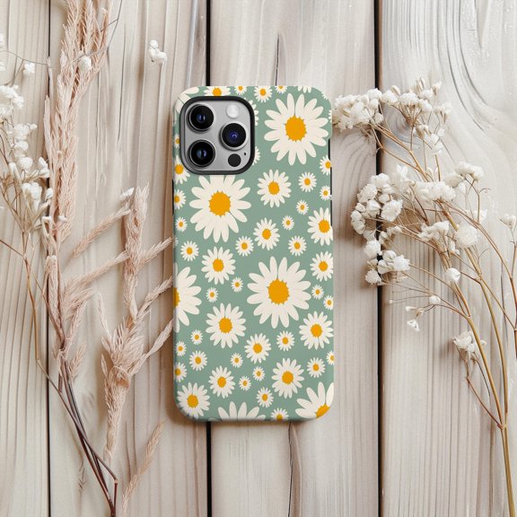 Protective iPhone Case Sage Green Floral Protective Cell Phone Case White Daisy Cute Summer Cover IP13/14 Magnetic MagSafe Compatible