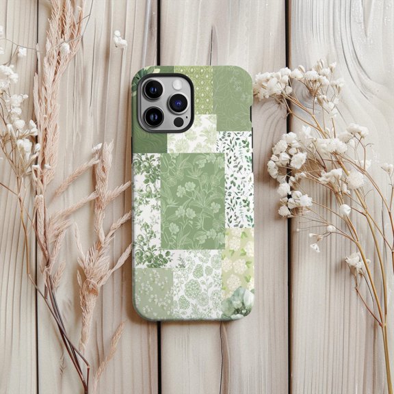 Protective iPhone Case Sage Green Quilt Patchwork Floral Protective Cell Phone Case Preppy Girly Cover IP16 Magnetic MagSafe Compatible