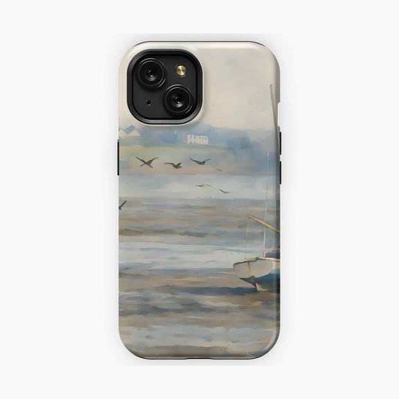 Protective iPhone Case Sailboat Low Tide Wind Turbine Coastal Phone Case IP15 Magnetic MagSafe Compatible