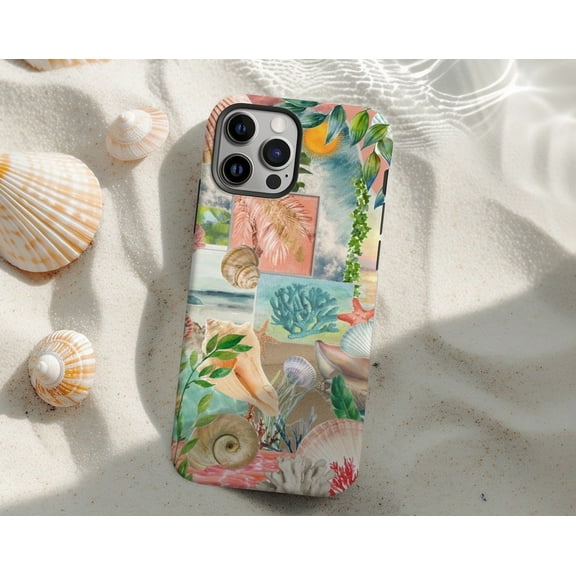 Protective iPhone Case Sea Shell Coral Collage Phone Case Coastal Aesthetic IP13/14 Magnetic MagSafe Compatible