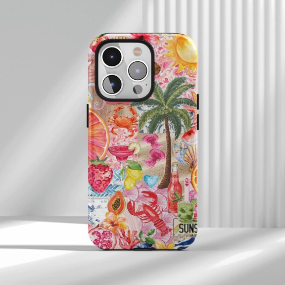 Protective iPhone Case Seaside Collage Cell Phone Case Seahorses Crabs Palm Trees Ss For Cover IP13/14 Magnetic MagSafe Compatible