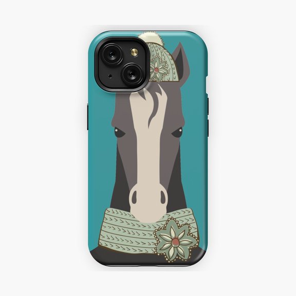 Protective iPhone Case Serious Horse In Winter Knit Hat And Scarf Phone Case Stern Equestrian Cold Weather Portrait Shield IP15 Magnetic MagSafe Compatible