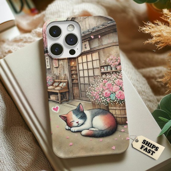 Protective iPhone Case Sleeping Calico Cat Phone Case Pastel Japanese Scene IP16 Magnetic MagSafe Compatible