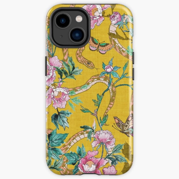 Protective iPhone Case Snake And Peony Gold Metallic Outline Serpent Botanical Heavy Duty Shockproof Hard Shell IP13/14 Magnetic MagSafe Compatible
