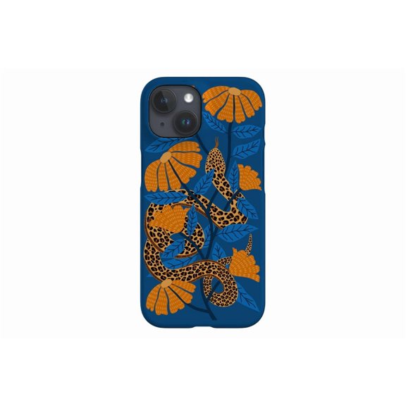 Protective iPhone Case Snake Floral Folk Art Design Blue Botanical Serpent Cover IP13/14 Magnetic MagSafe Compatible
