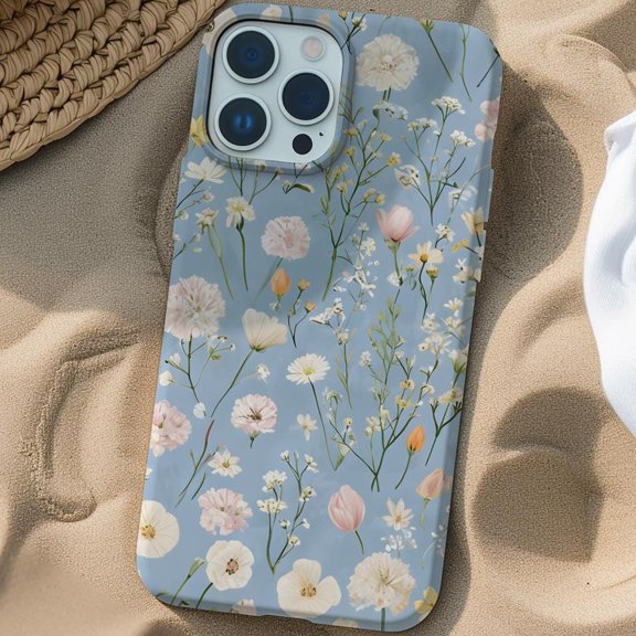 Protective iPhone Case Soft Blue Wildflower Phone Case Delicate Cottagecore Floral Print IP13/14 Magnetic MagSafe Compatible